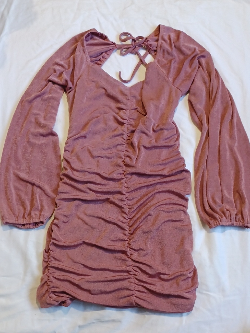 Mauve Ruched Long Sleeve Mini Dress